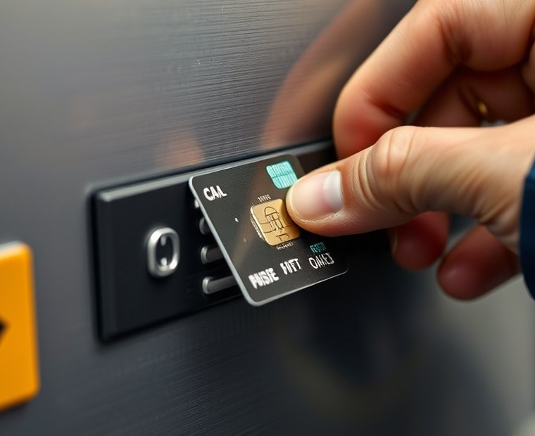 Specialist inspecting the card reader of a self-service terminal