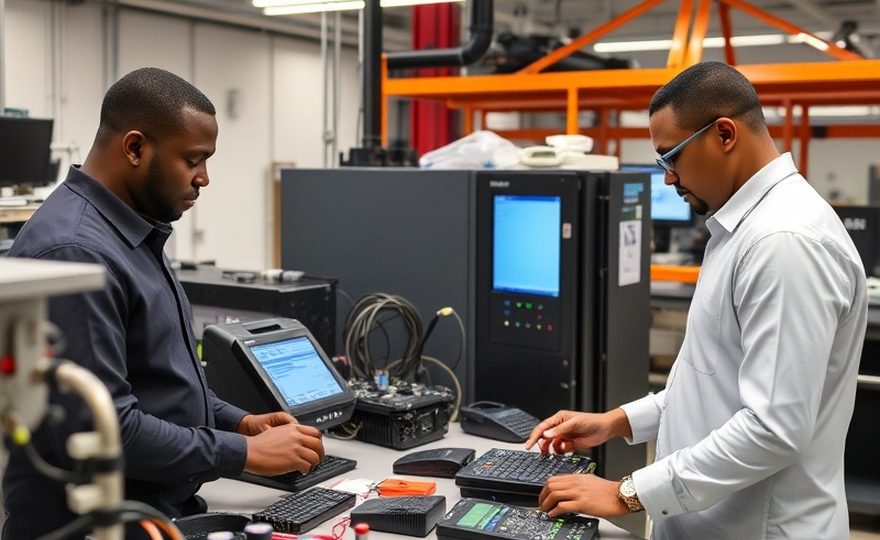 Specialist inspecting the card reader of a self-service terminal